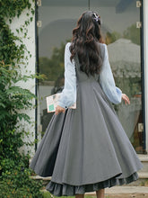 Load image into Gallery viewer, Blue Classic Shirt with Bow Tie and Gray V-Neck Jumper Fake Two-Piece Dress