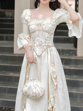 Load image into Gallery viewer, Victorian White Corset Midi Dress - French Rococo Angel Embroidery Ruffle Dress