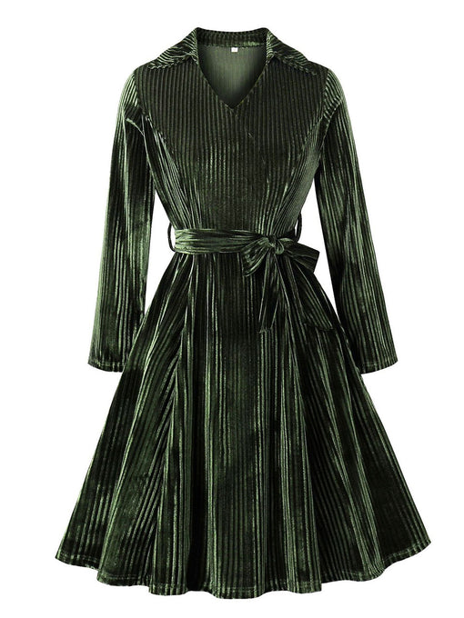 Dark Green Corduroy V Neck Long Sleeve Vintage Dress