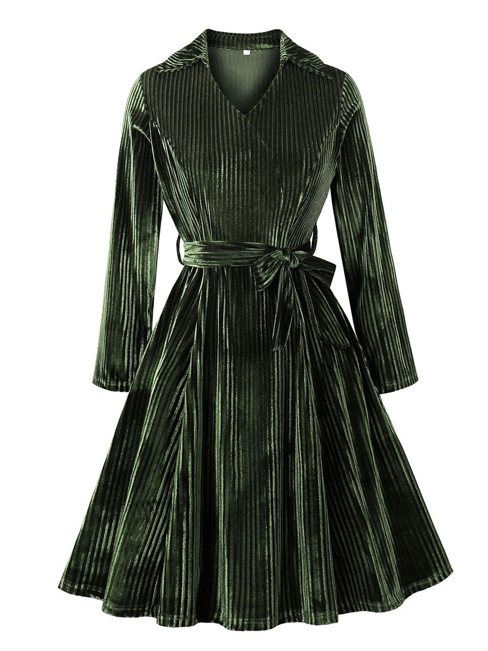 Dark Green Corduroy V Neck Long Sleeve Vintage Dress, Dark Green / XXL Dark Green Corduroy V Neck Long Sleeve Vintage Dress, Dark Green / XXL