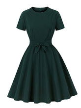 Load image into Gallery viewer, Dark Green Short Sleeve Vintage Dress with Waist Bow