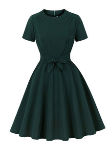 Dark Green Short Sleeve Vintage Dress with Waist Bow