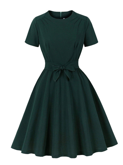 Dark Green Short Sleeve Vintage Dress with Waist Bow