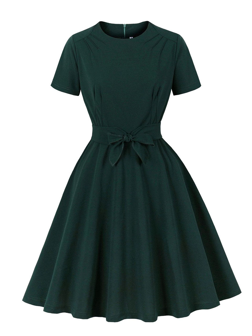 Dark Green Short Sleeve Vintage Dress with Waist Bow