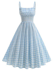 Blue And White Plaid Strap Classis Style 1950S Vintage Dress Set