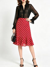 Load image into Gallery viewer, 1950s Vintage Red Chiffon Shirt &amp; Polka Dot Mermaid Midi Skirt Set