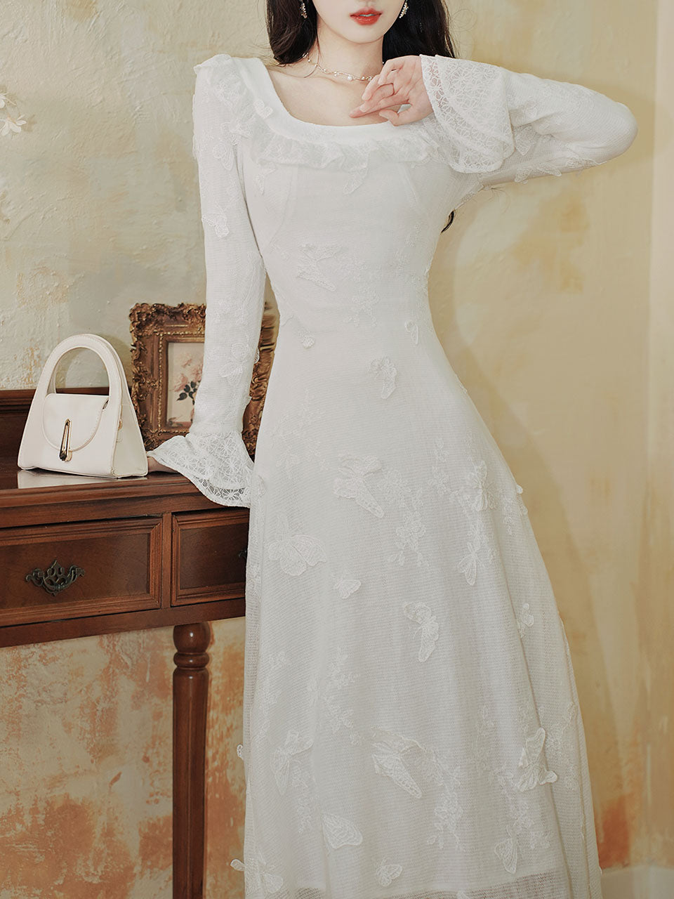 long sleeve wedding dress with collar White 3D Butterfly Square Collar Long Sleeve Wedding Dress, White / M