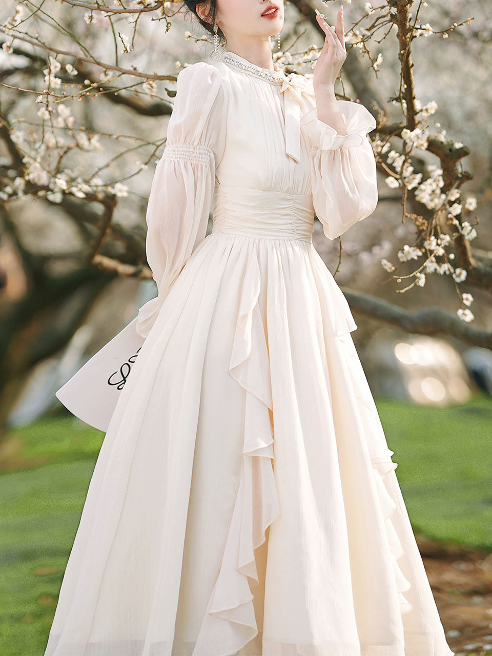 Apricot Bow Collar Wedding Vintage Fairy Dress, Apricot / L Apricot Bow Collar Wedding Vintage Fairy Dress, Apricot / L