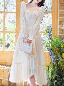 Apricot Square Neck Ruffle Corset Vintage Fairy Dress