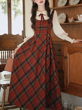Load image into Gallery viewer, Red Tartan Wool Blend Jumper Dress with White Long Sleeve Blouse