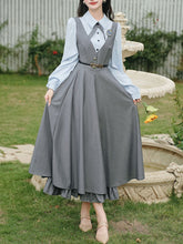 Load image into Gallery viewer, Blue Classic Shirt with Bow Tie and Gray V-Neck Jumper Fake Two-Piece Dress