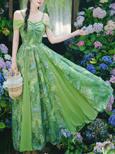 Load image into Gallery viewer, Forest Green Butterfly Print Lace Off-Shoulder Sweetheart Maxi Dress