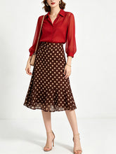 Load image into Gallery viewer, 1950s Vintage Red Chiffon Shirt &amp; Polka Dot Mermaid Midi Skirt Set