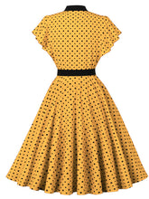 Load image into Gallery viewer, Butterflies Vintage Yellow Polka Dot Dress with a Bow-Tied Neckline