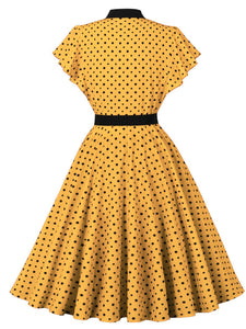 Butterflies Vintage Yellow Polka Dot Dress with a Bow-Tied Neckline