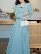 Load image into Gallery viewer, 2PS Lake Blue Sailor Collar Tweed Coat With Swing Skirt 1950S Vintage Audrey Hepburn&#39;s Style Outfits
