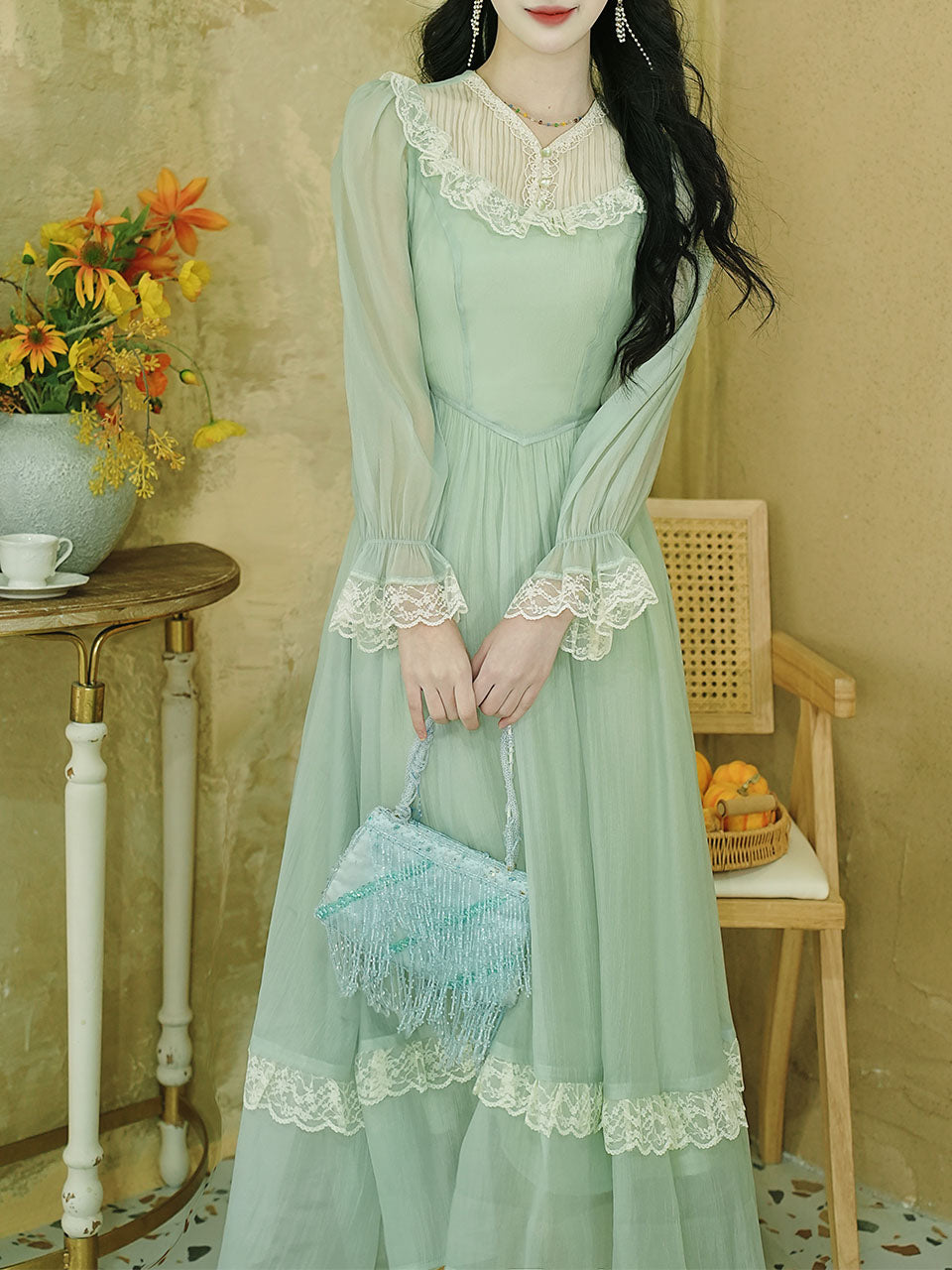 Green Lace Neck Ruffles Edwardian Revival Chiffon Dress, Green / L Green Lace Neck Ruffles Edwardian Revival Chiffon Dress, Green / L