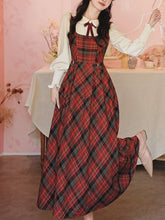 Load image into Gallery viewer, Red Tartan Wool Blend Jumper Dress with White Long Sleeve Blouse