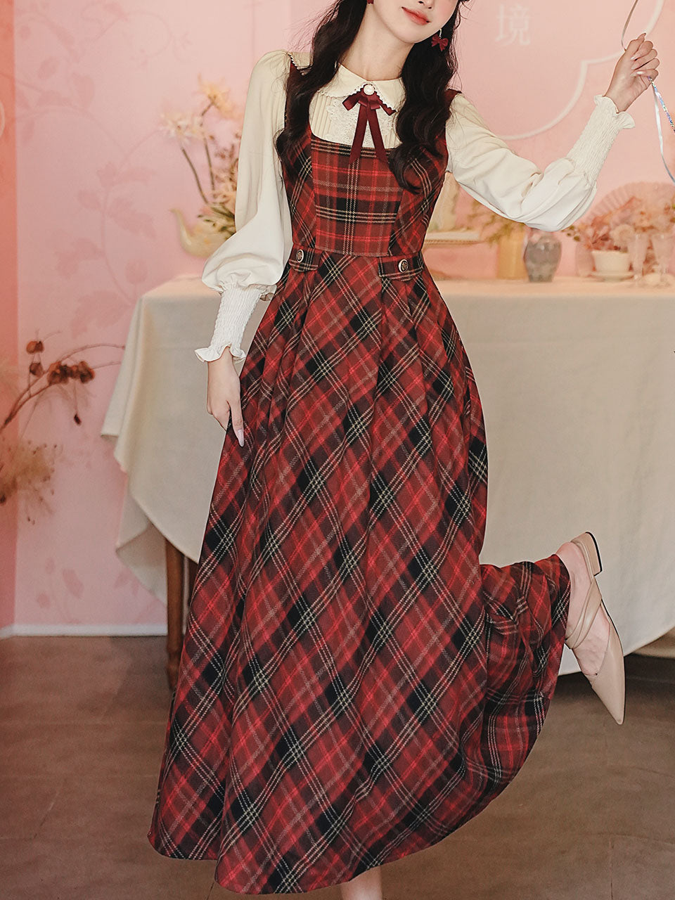 Red Tartan Wool Blend Jumper Dress with White Long Sleeve Blouse Red / XS Red Tartan Wool Blend Jumper Dress with White Long Sleeve Blouse Red / XS