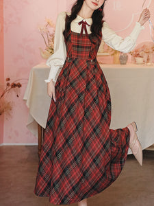 Red Tartan Wool Blend Jumper Dress with White Long Sleeve Blouse