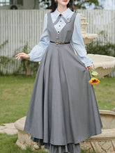 Load image into Gallery viewer, Blue Classic Shirt with Bow Tie and Gray V-Neck Jumper Fake Two-Piece Dress