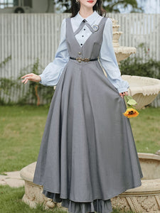 Blue Classic Shirt with Bow Tie and Gray V-Neck Jumper Fake Two-Piece Dress