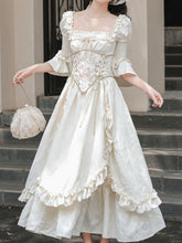 Load image into Gallery viewer, Victorian White Corset Midi Dress - French Rococo Angel Embroidery Ruffle Dress