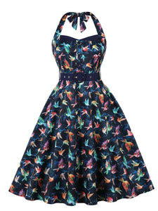 Sweet Navy Birds Printed Cotton 50s Flapper Dress