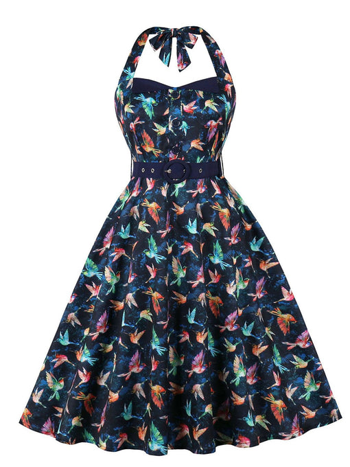 Sweet Navy Birds Printed Cotton 50s Flapper Dress