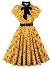 Load image into Gallery viewer, Butterflies Vintage Yellow Polka Dot Dress with a Bow-Tied Neckline