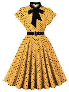 Butterflies Vintage Yellow Polka Dot Dress with a Bow-Tied Neckline