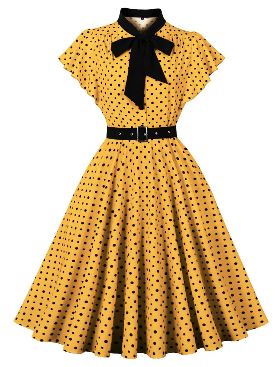 yellow and black polka dot dress Polka Dot Print Buttons Tie Bowknot Flatter Sleeves Vintage Dress With Belt Women Vintage 50s Dress Style Online Clothing Shopping,Yellow,2xl,Casual