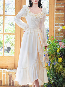 Apricot Square Neck Ruffle Corset Vintage Fairy Dress