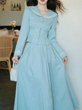 Load image into Gallery viewer, 2PS Lake Blue Sailor Collar Tweed Coat With Swing Skirt 1950S Vintage Audrey Hepburn&#39;s Style Outfits