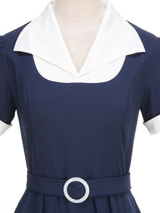 Sweet Navy Sailor Collar Short Sleeve Swing Vintage Dress with Hat Set