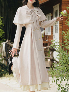 Grey Classic Vintage Lapel Double Layered Hem Swing Dress with Detachable Cape