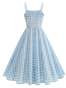 Blue And White Plaid Strap Classis Style 1950S Vintage Dress Set