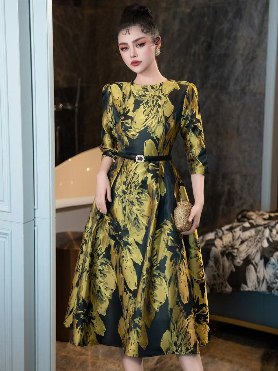 vintage high waisted dress Yellow Luxury Print High Waist Swing Vintage Dress Jolly Vintage