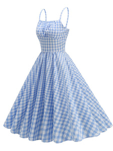 Blue And White Plaid Strap Classis Style 1950S Vintage Dress Set