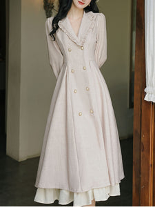Grey Classic Vintage Lapel Double Layered Hem Swing Dress with Detachable Cape