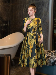 Yellow Luxury Print High Waist Swing Vintage Dress Purple / XL Yellow Luxury Print High Waist Swing Vintage Dress Purple / XL