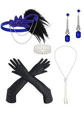 Load image into Gallery viewer, 1920s vintage Great Gatsby flapper accessory 5-piece set featuring a feather headband, opera gloves, gemstone earrings, and pearl necklace.