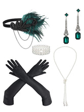 Load image into Gallery viewer, 1920s Vintage Flapper Accessory 5-Piece Set - Gatsby Feather Headband &amp; Pearl Jewelry Outfit