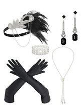 Load image into Gallery viewer, 1920s Vintage Flapper Accessory 5-Piece Set - Gatsby Feather Headband &amp; Pearl Jewelry Outfit