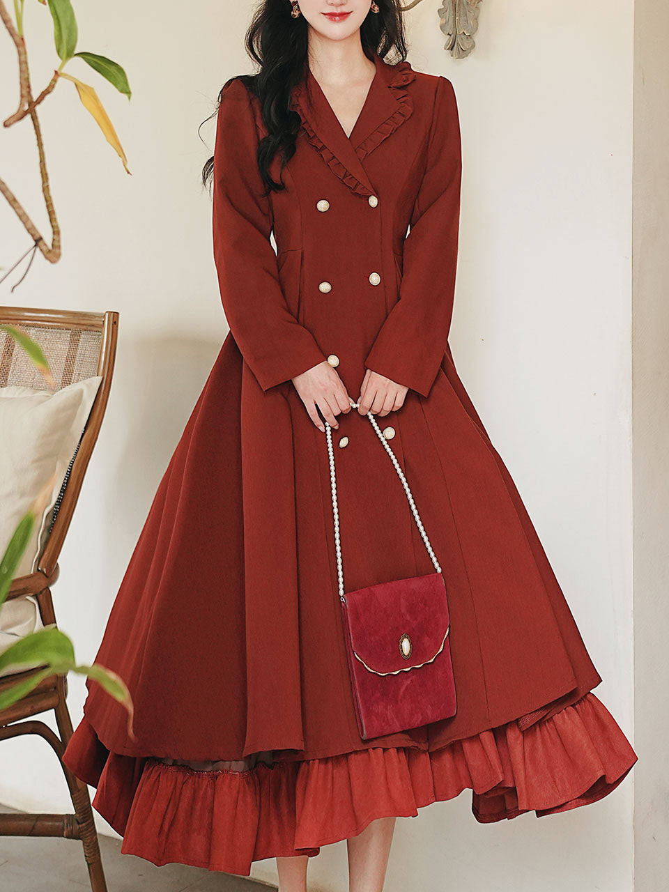 Red Classic Vintage Lapel Double Layered Hem Swing Dress with Detachable Cape