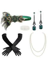 Load image into Gallery viewer, 1920s Vintage Flapper Accessory 6-Piece Set - Gatsby Black Feather Headband &amp; Fishnet Outfit