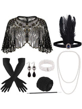 Load image into Gallery viewer, 1920s vintage Great Gatsby flapper accessory 8-piece set featuring a sequin capelet, feather headband, opera gloves, pearl necklace, and fishnet tights.
