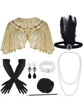 Load image into Gallery viewer, 1920s Vintage Flapper Accessory 8-Piece Set - Gatsby Sequin Capelet &amp; Feather Headband Outfit