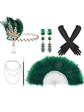 Load image into Gallery viewer, 1920s Vintage Flapper Accessory 6-Piece Set - Gatsby Feather Headband &amp; Folding Fan Outfit