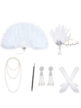 Load image into Gallery viewer, 1920s Vintage Flapper Accessory 6-Piece Set - Gatsby Feather Headband &amp; Folding Fan Outfit